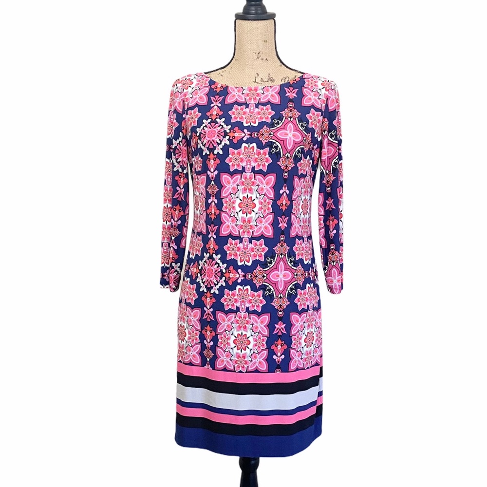 Vince Camuto blue and pink print long sleeve dress